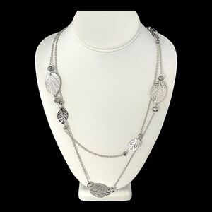 New Multi Strand Necklace Silver Tone Leaf Design Hematite Faceted Beads - 3X